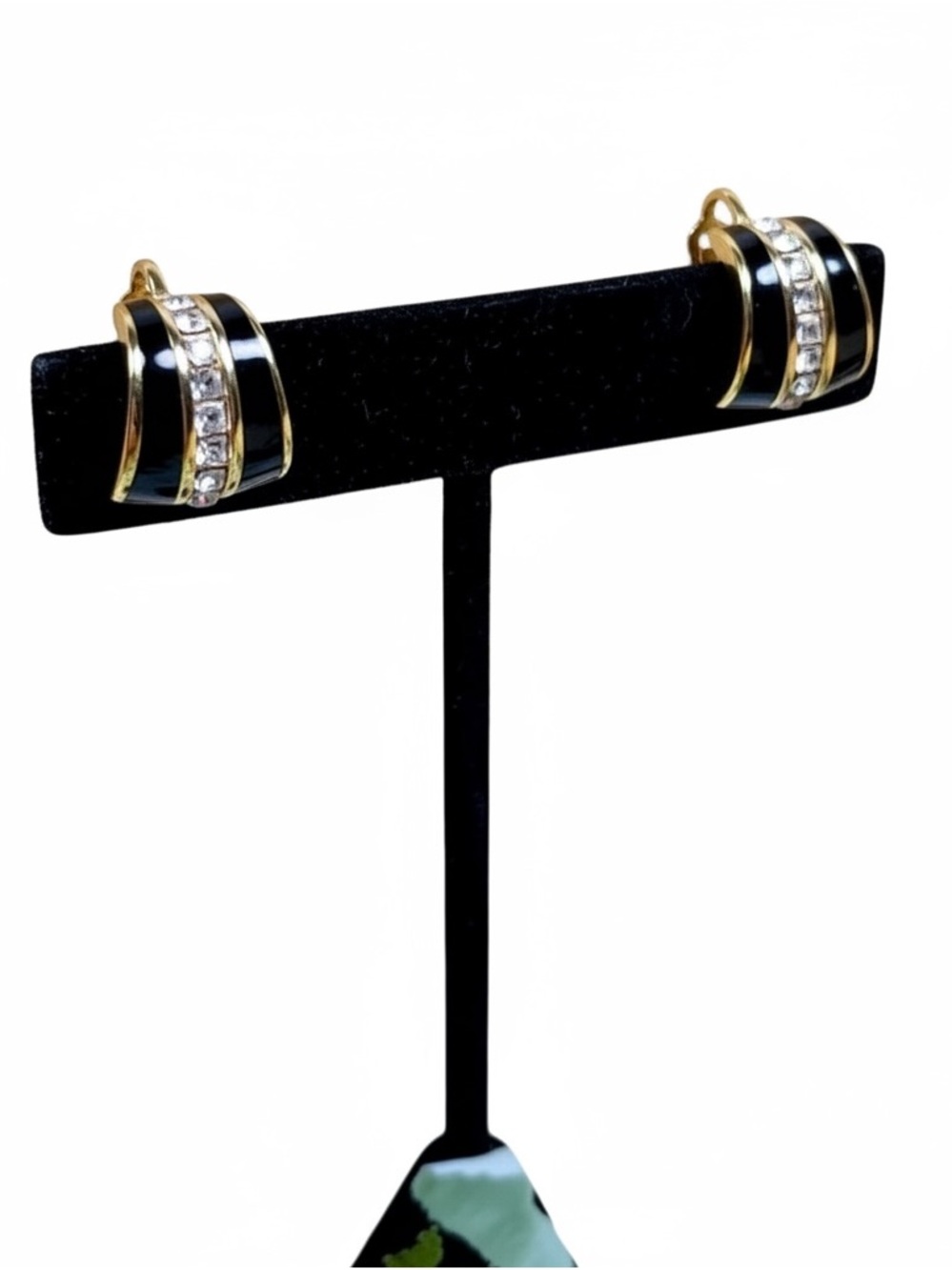 Dior Vintage Gold Tone Black Enamel & Crystal Clip-On Earrings